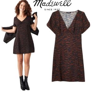 Madewell NWT Jennifer Abstract Zebra Print Black/Brn Mini Dress Plunge Neck Sz 0